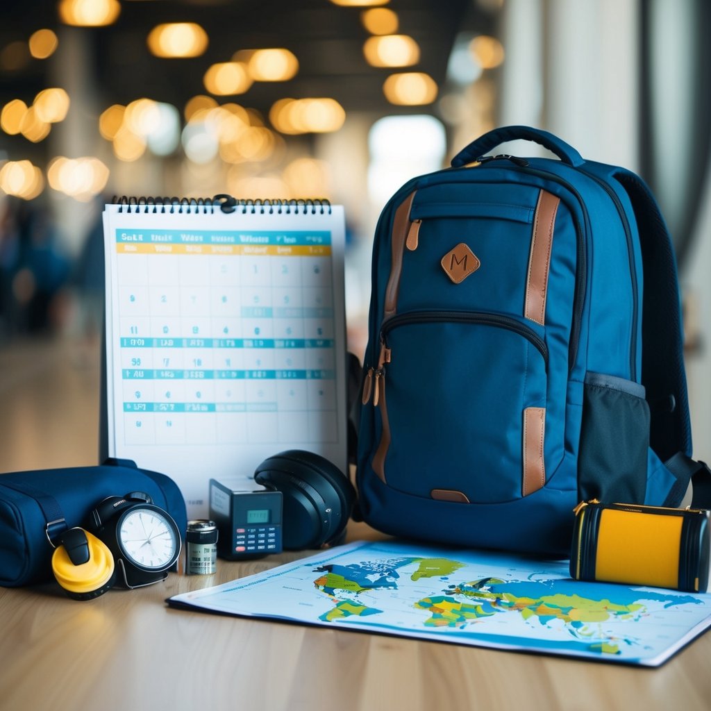 A backpack surrounded by travel essentials, a map, and a calendar with marked dates