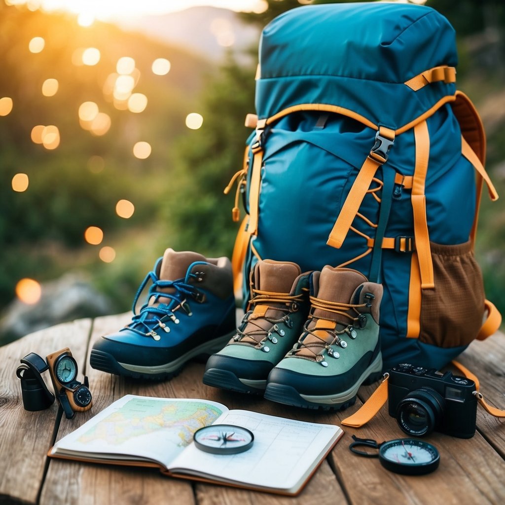 A traveler's backpack surrounded by hiking boots, a map, and a journal on a rustic wooden table. A compass and a camera are also scattered around the items