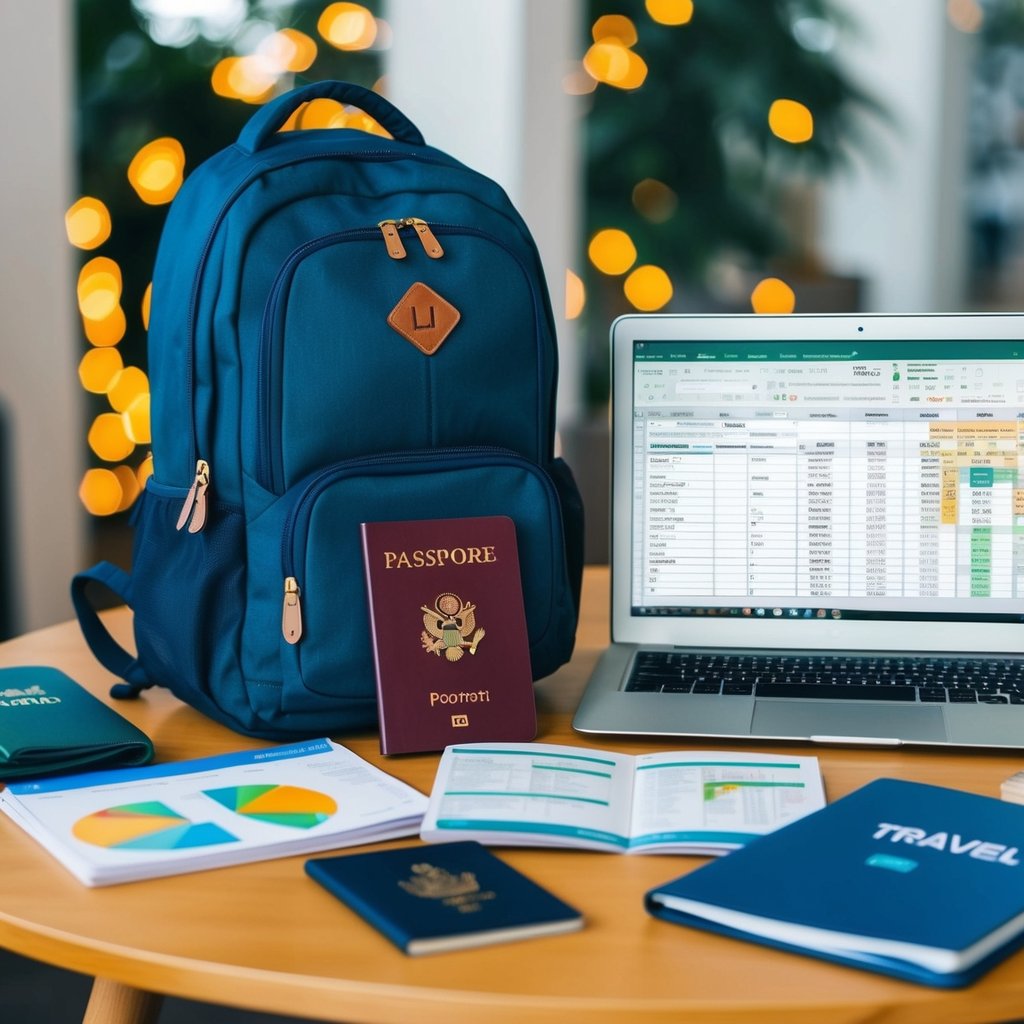 A backpack, passport, and map laid out on a table surrounded by travel guides and a laptop with financial spreadsheets open