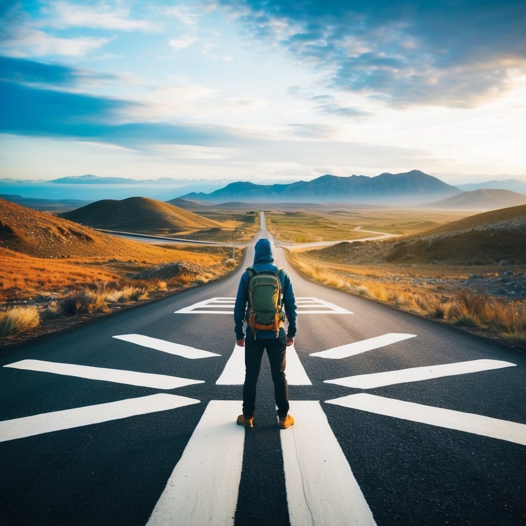 A traveler standing at a crossroads, with various paths leading to different destinations. The traveler is surrounded by a diverse landscape, symbolizing the potential for personal growth through exploration and adventure