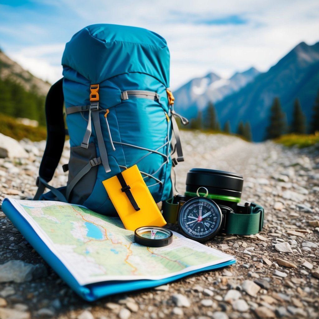 A backpack surrounded by hiking gear, a map, and a compass on a rocky trail with mountains in the background