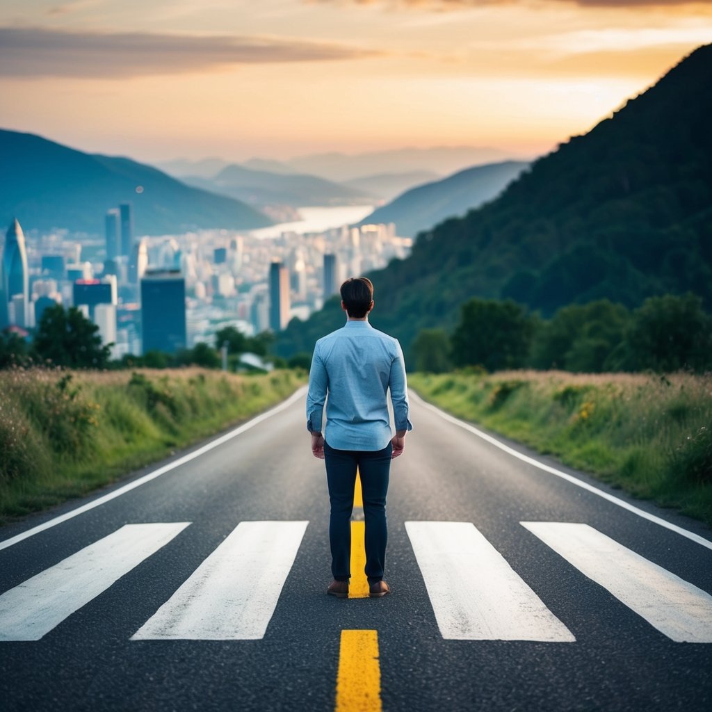 A person standing at a crossroads, with one path leading to a bustling city and the other leading to a tranquil natural landscape, symbolizing the decision between traditional expectations and personal exploration