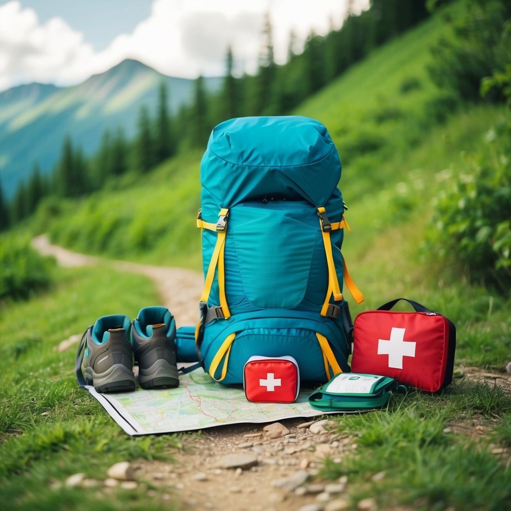 A backpack surrounded by hiking gear, a map, and a first aid kit on a lush, mountainous trail