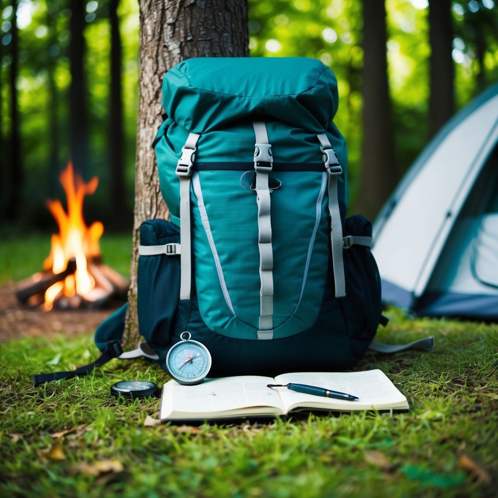 A backpack resting against a tree in a lush forest, with a compass, map, and journal spread out on the ground. A tent is pitched nearby, and a campfire smolders in the background