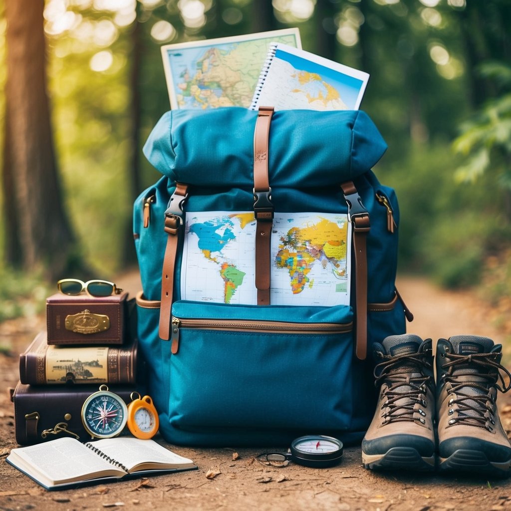 A traveler's backpack surrounded by maps, a journal, and souvenirs from various destinations, with a compass and hiking boots nearby