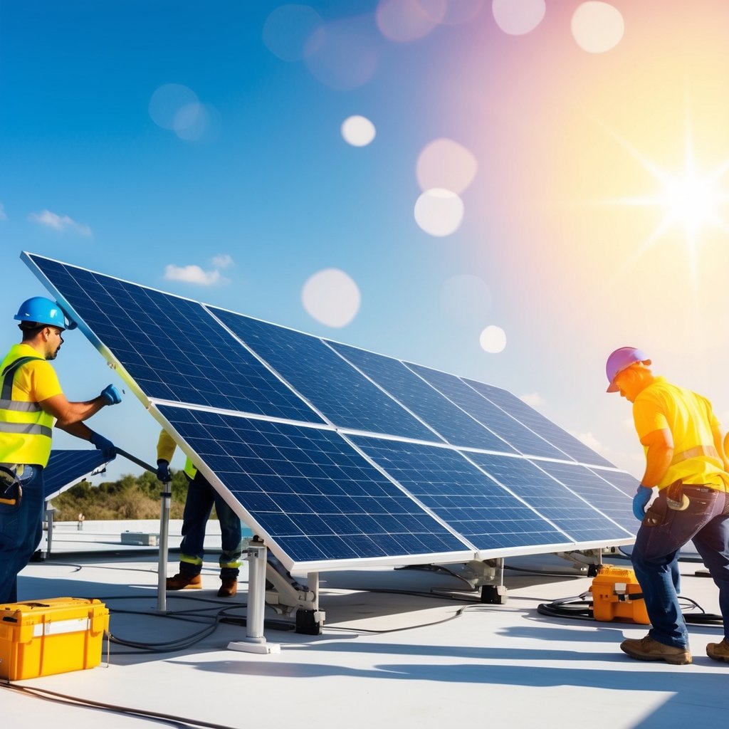 A solar panel installation with workers and equipment, set against a backdrop of a bright, sunny sky