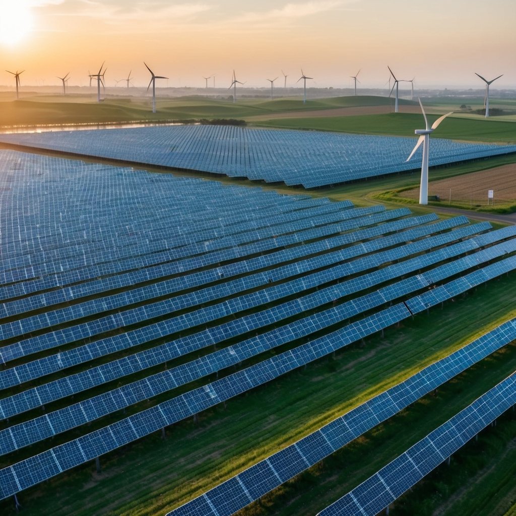 A vast solar energy farm stretches across the horizon, with rows of solar panels soaking up the sun's rays. The landscape is dotted with wind turbines, symbolizing the rise of renewable energy