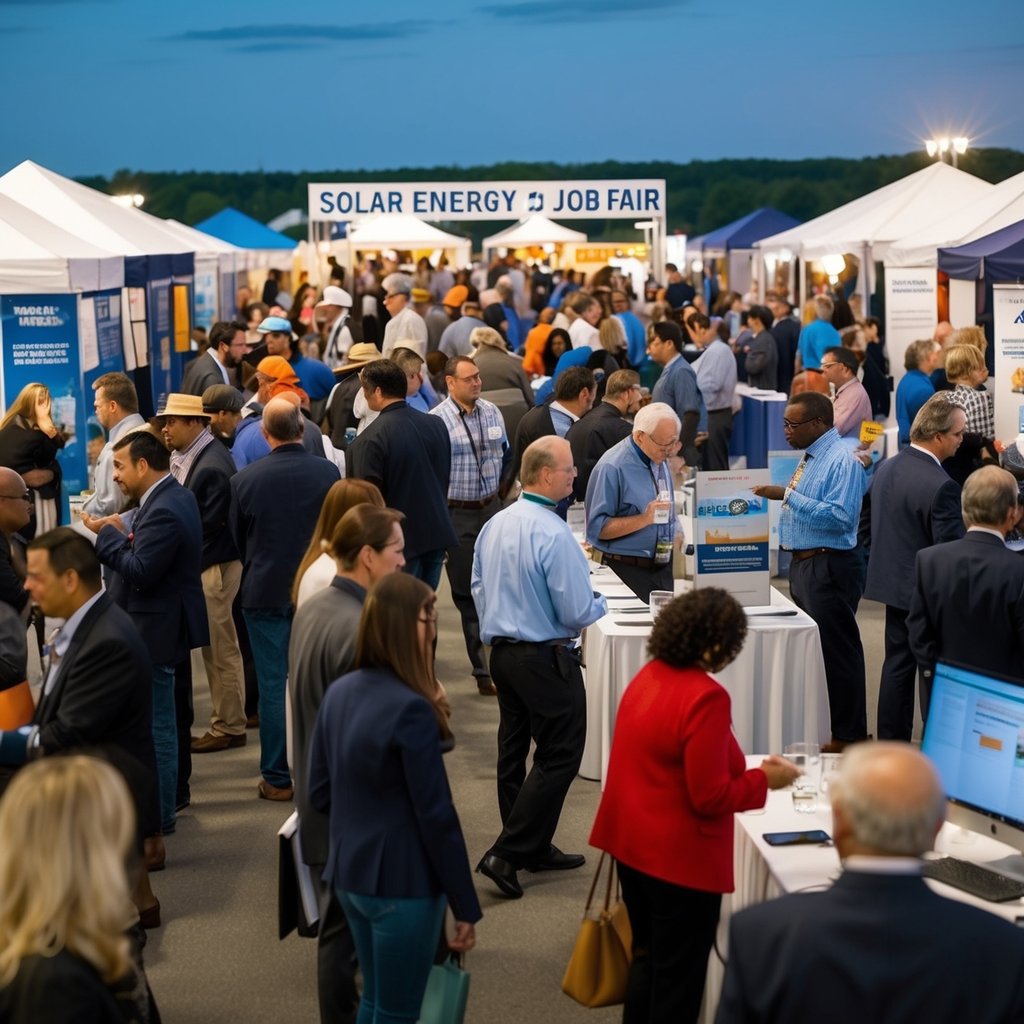 A bustling solar energy job fair with diverse attendees and informative booths