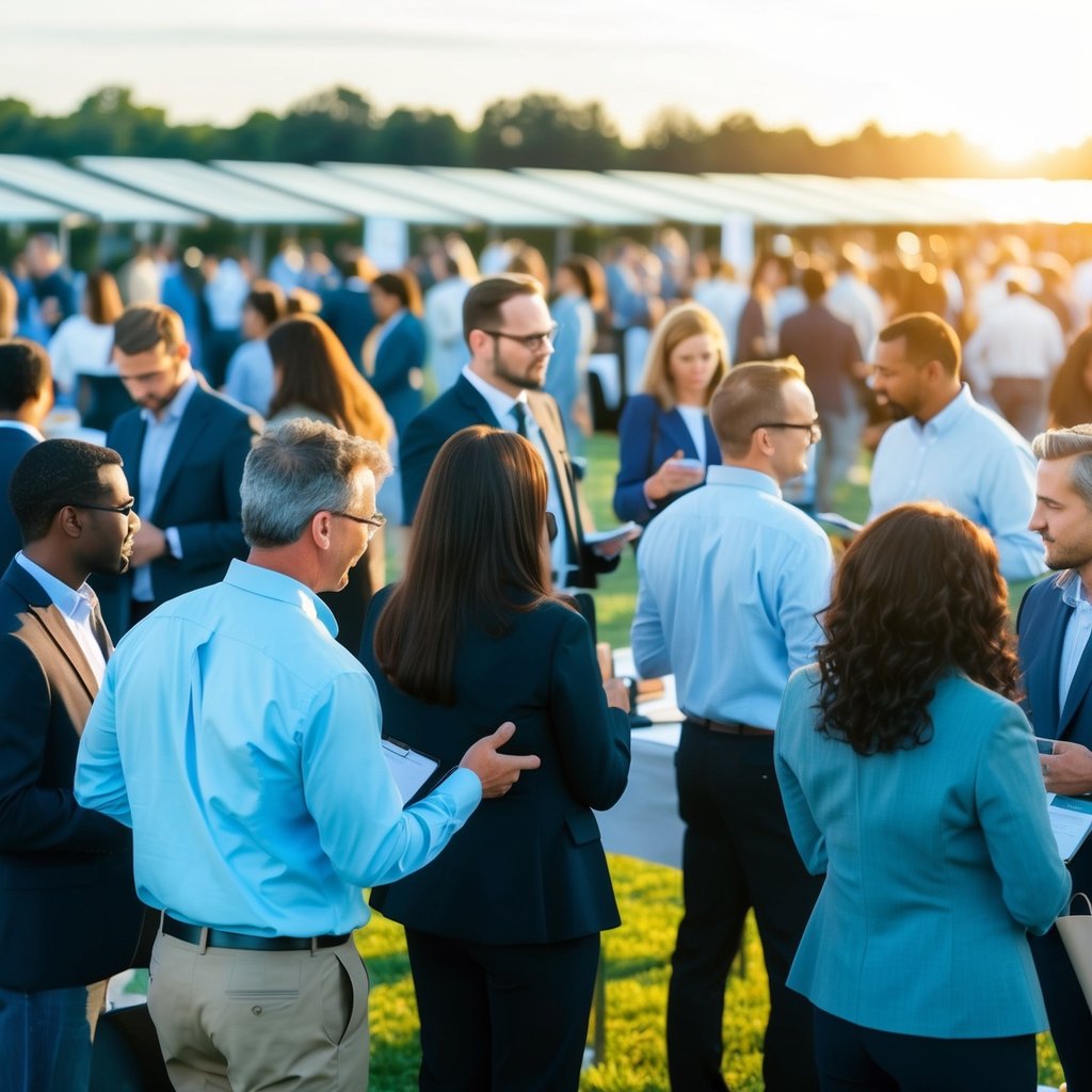 A bustling solar energy job fair with diverse candidates and industry professionals networking and discussing career opportunities