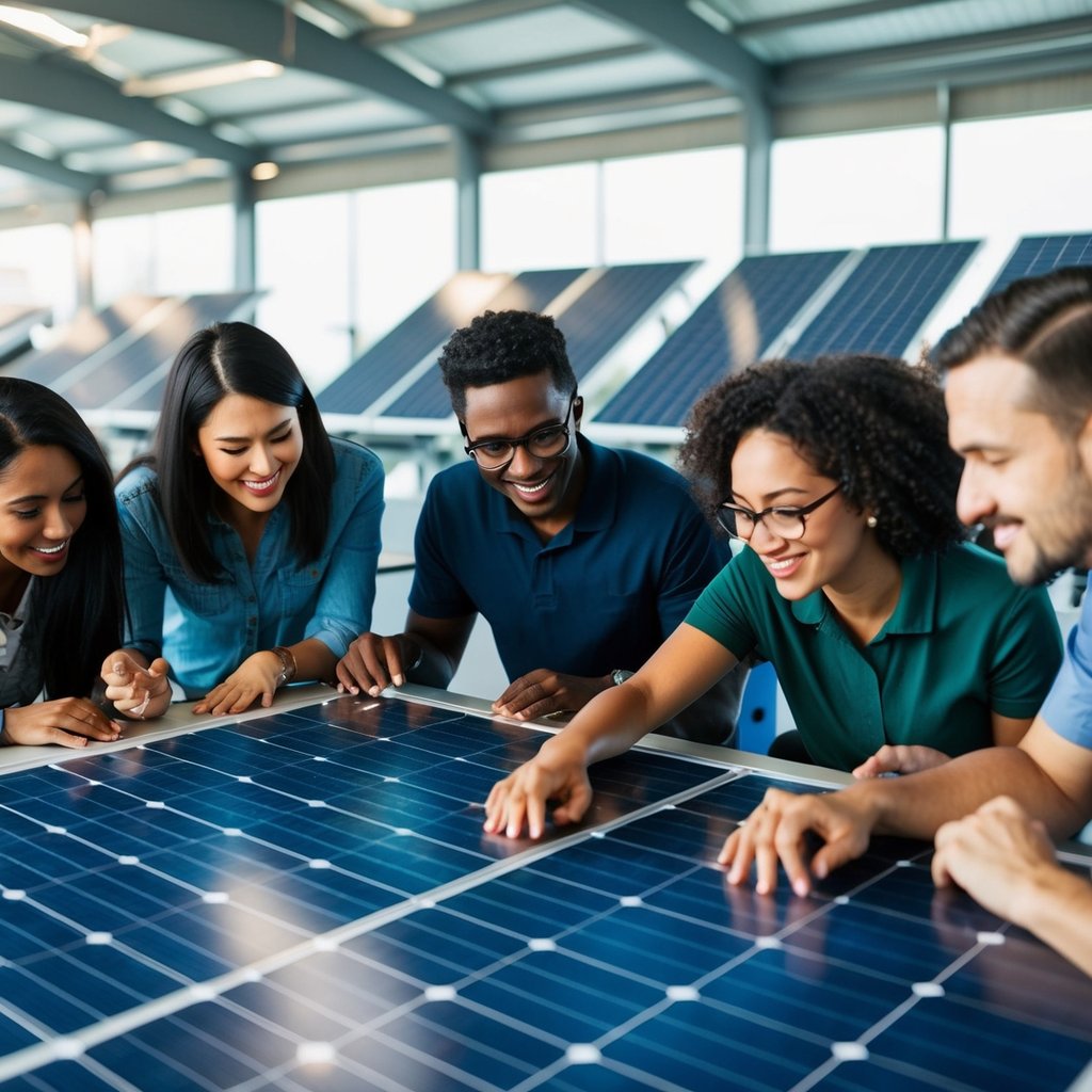 A group of diverse individuals learning and working together in a solar energy training facility, surrounded by solar panels and advanced technology