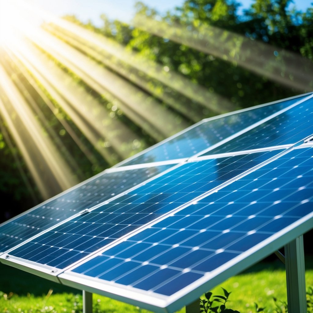 A solar panel installation on a clear, sunny day, with rays of sunlight beaming down and reflecting off the panels, surrounded by greenery