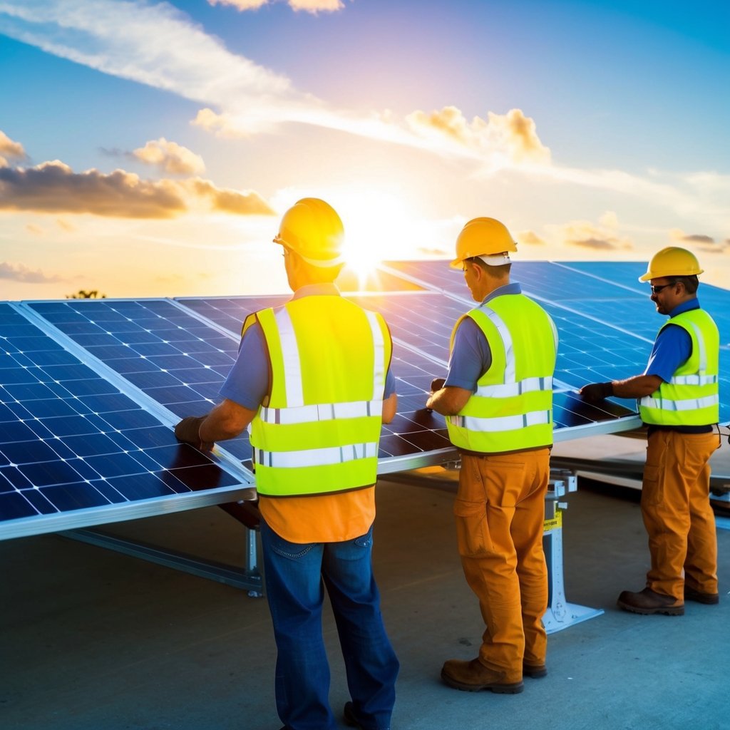 A solar panel installation site with workers following safety protocols and industry standards. Bright sunlight illuminates the clean energy technology