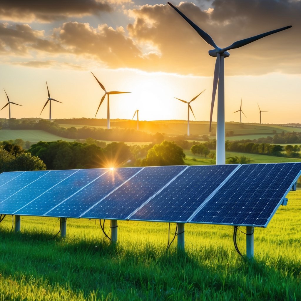 A vibrant solar panel array stretches across a sunlit landscape, surrounded by wind turbines and lush greenery