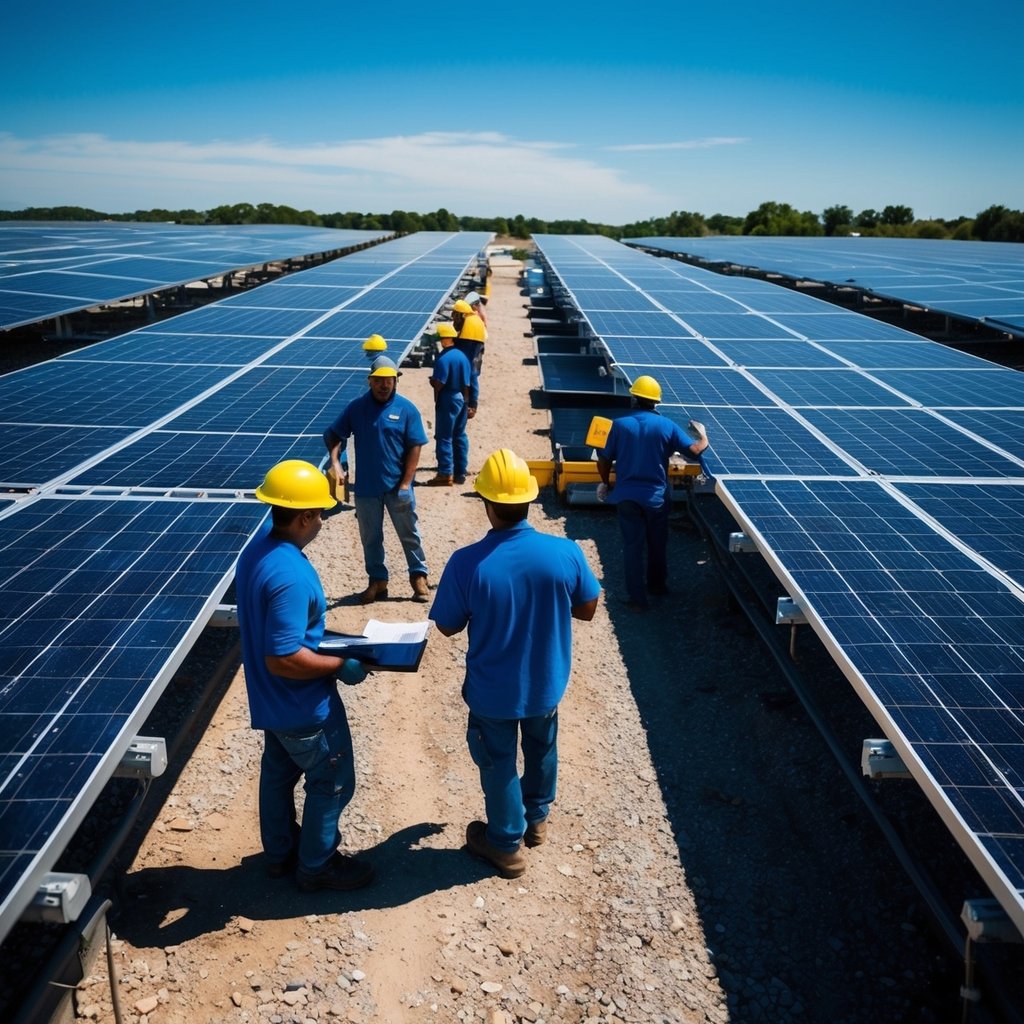 A bustling solar energy facility with workers installing panels under a clear blue sky, while others inspect and maintain existing equipment