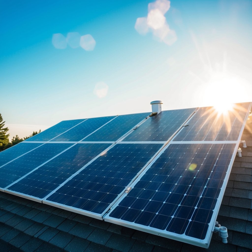 A solar panel installation on a rooftop, with the sun shining brightly and casting long shadows