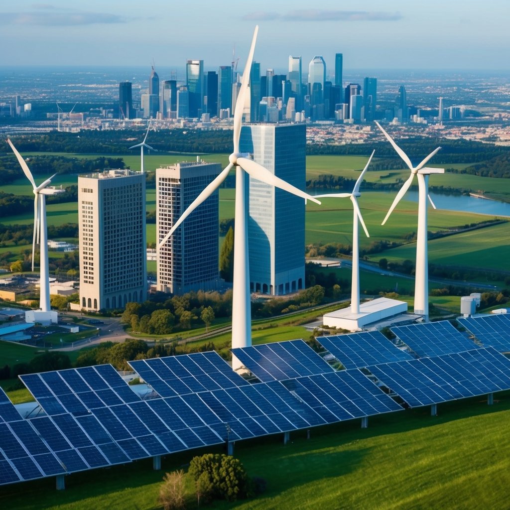 A bustling city skyline with wind turbines and solar panels, surrounded by green landscapes and clean energy infrastructure