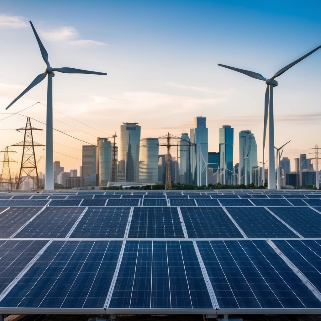 A bustling city skyline with wind turbines, solar panels, and power lines, showcasing the evolution of the energy sector