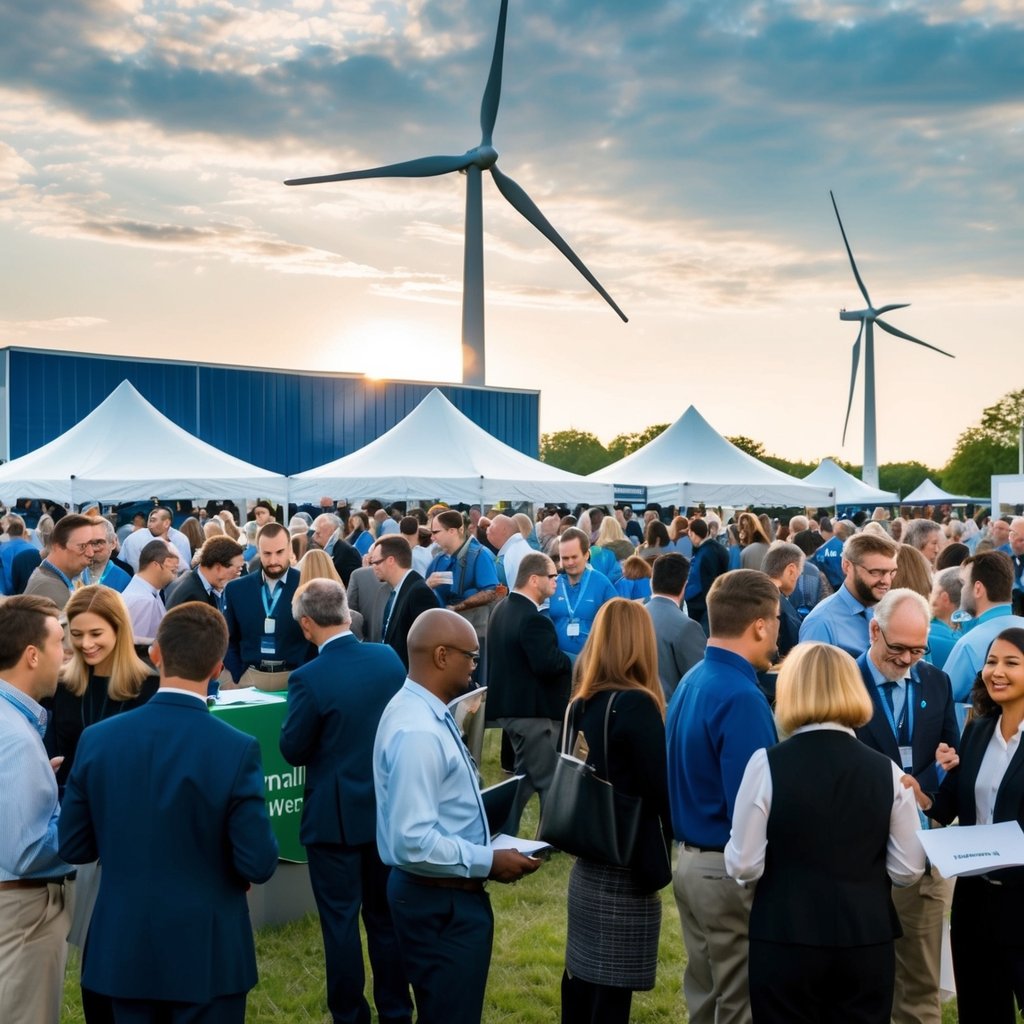 A bustling renewable energy job fair with people networking and learning about wind, solar, and hydro power careers