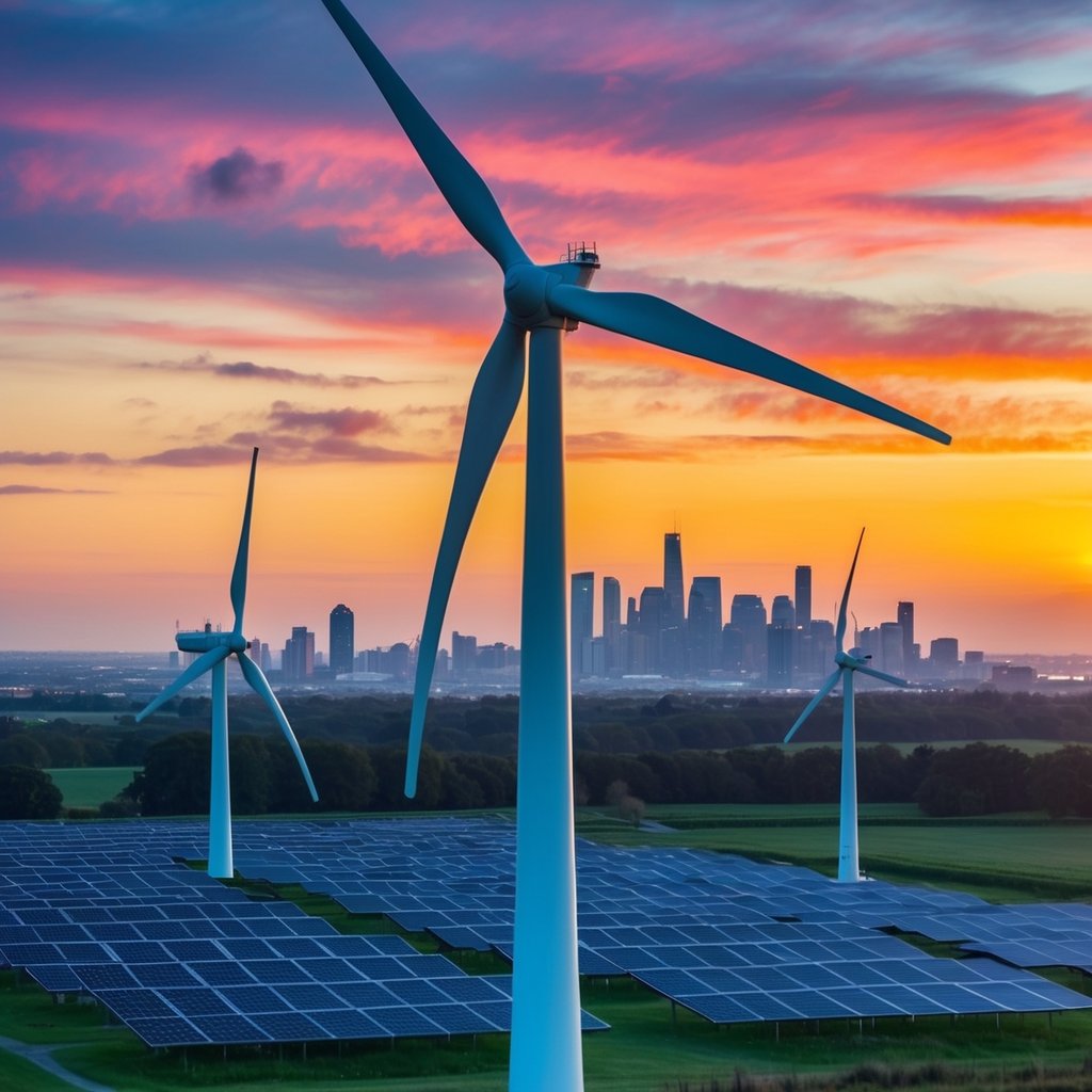 A wind turbine stands tall against a vibrant sunset, surrounded by fields of solar panels and a bustling city skyline in the distance