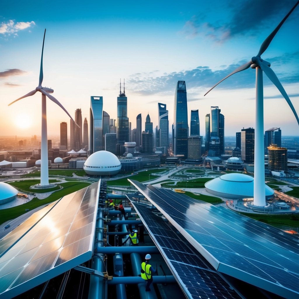 A bustling futuristic city skyline with renewable energy sources such as wind turbines and solar panels, and various workers in the energy industry