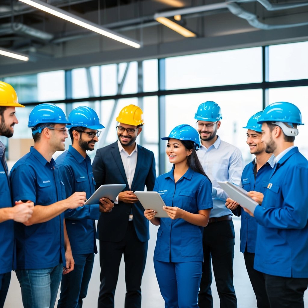 A diverse group of workers in energy jobs, such as engineers, technicians, and scientists, collaborating in a modern and innovative workspace