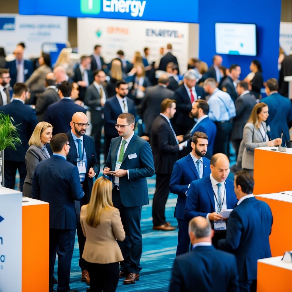 A bustling energy job fair with diverse professionals networking and showcasing innovative technologies