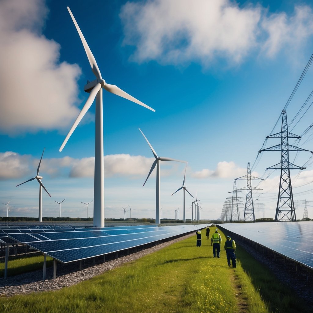 An industrial landscape with wind turbines, solar panels, and power lines stretching across a vast horizon. A bustling energy plant with workers managing the flow of power