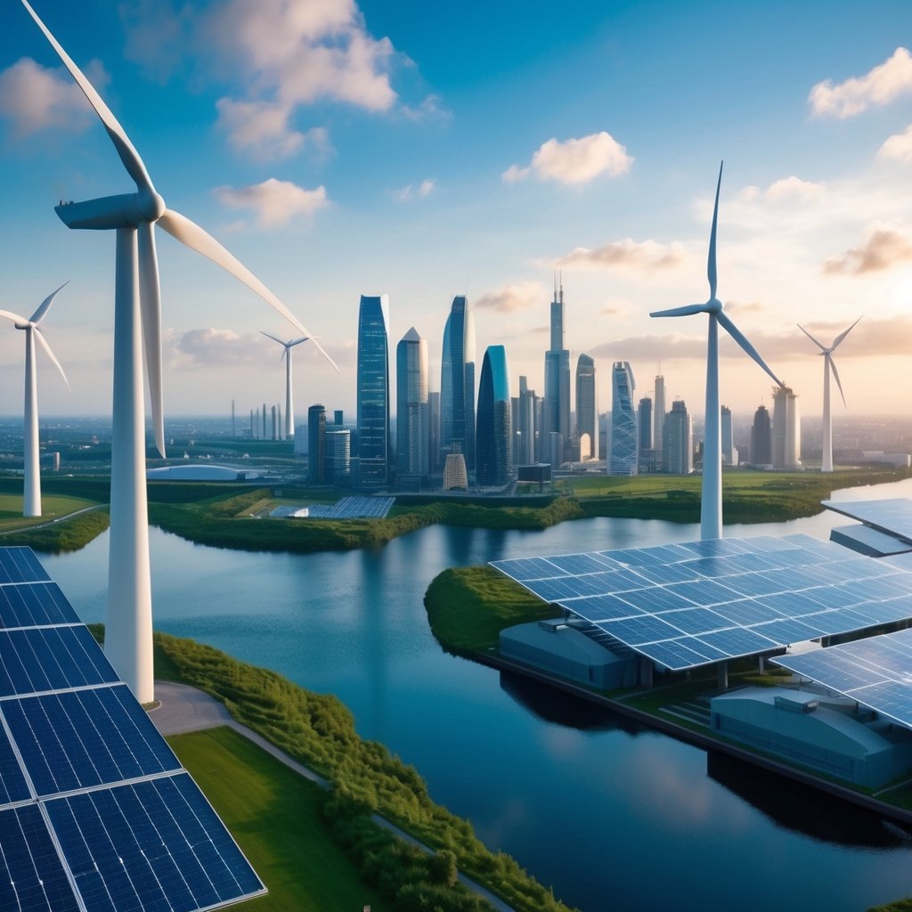 A futuristic city skyline with various renewable energy sources such as wind turbines, solar panels, and hydroelectric dams integrated into the landscape