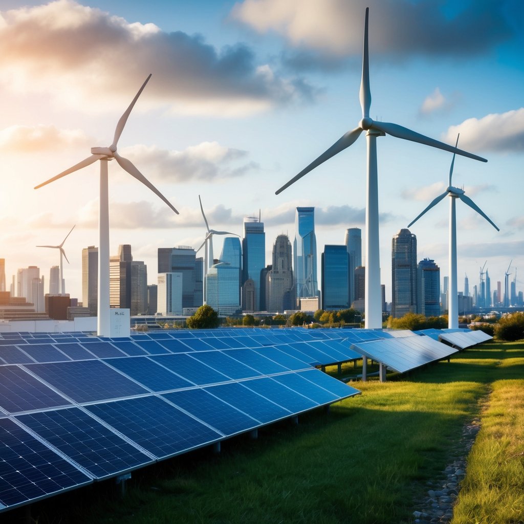 A bustling city skyline with wind turbines and solar panels integrated into the urban landscape, showcasing the transition to renewable energy sources