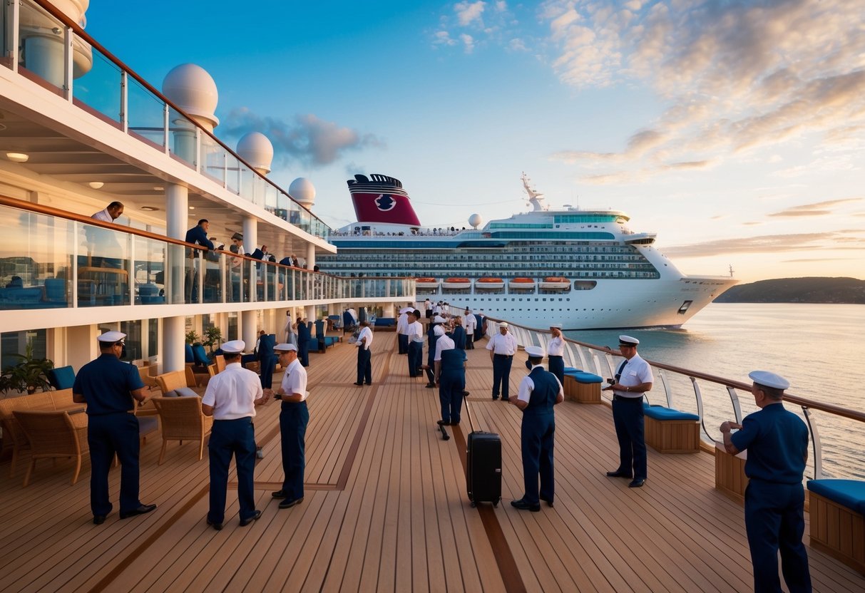 A bustling cruise ship deck with various crew members performing their duties, while passengers enjoy the scenic views and amenities