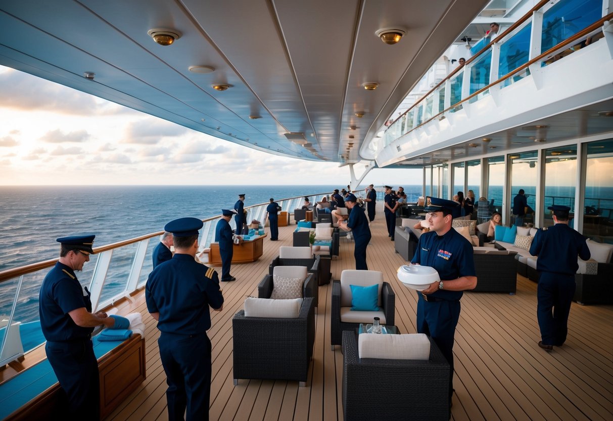 A bustling cruise ship deck with various crew members performing their duties, passengers enjoying the amenities, and the vast ocean stretching out in the background