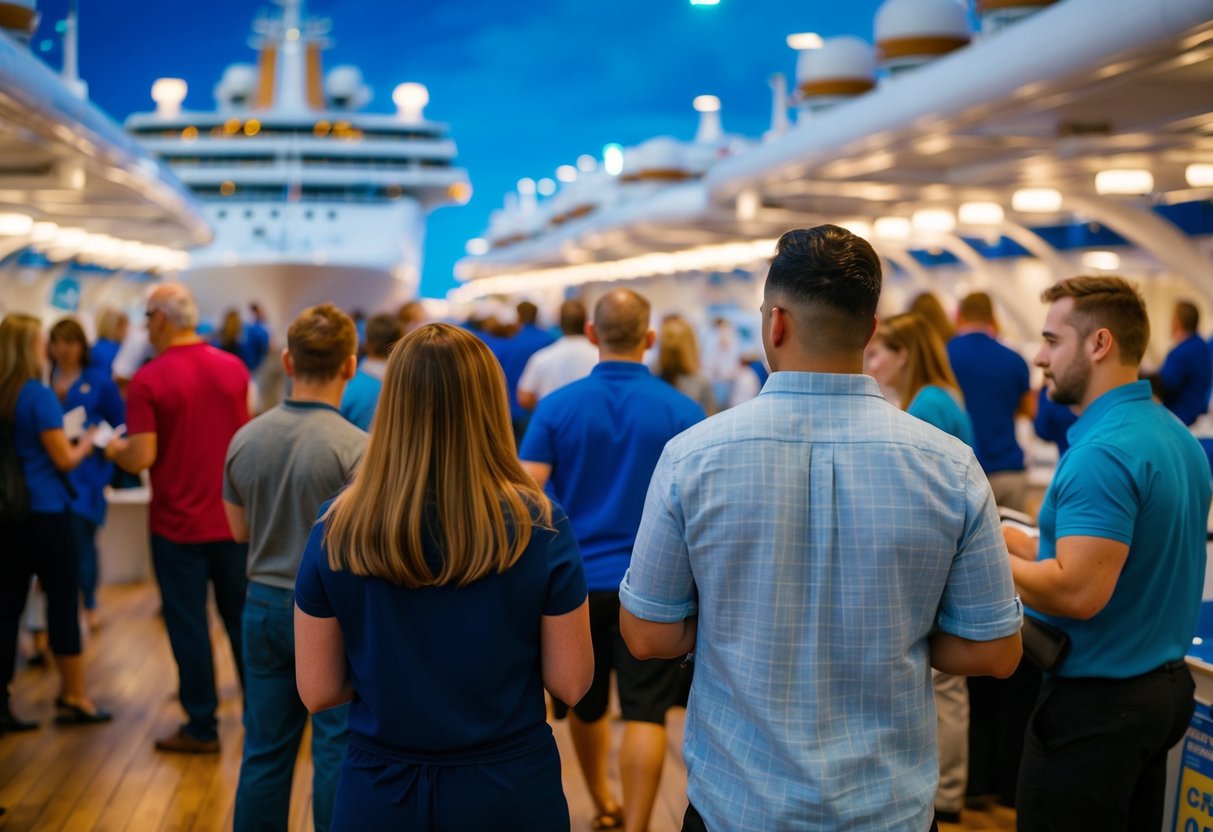 A bustling cruise ship job fair with eager applicants and recruiters in a lively, ocean-themed setting