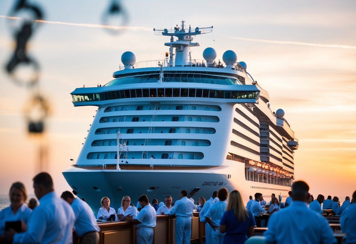 A bustling cruise ship with various job roles and departments, from entertainment to hospitality, all working together to create a seamless and enjoyable experience for passengers