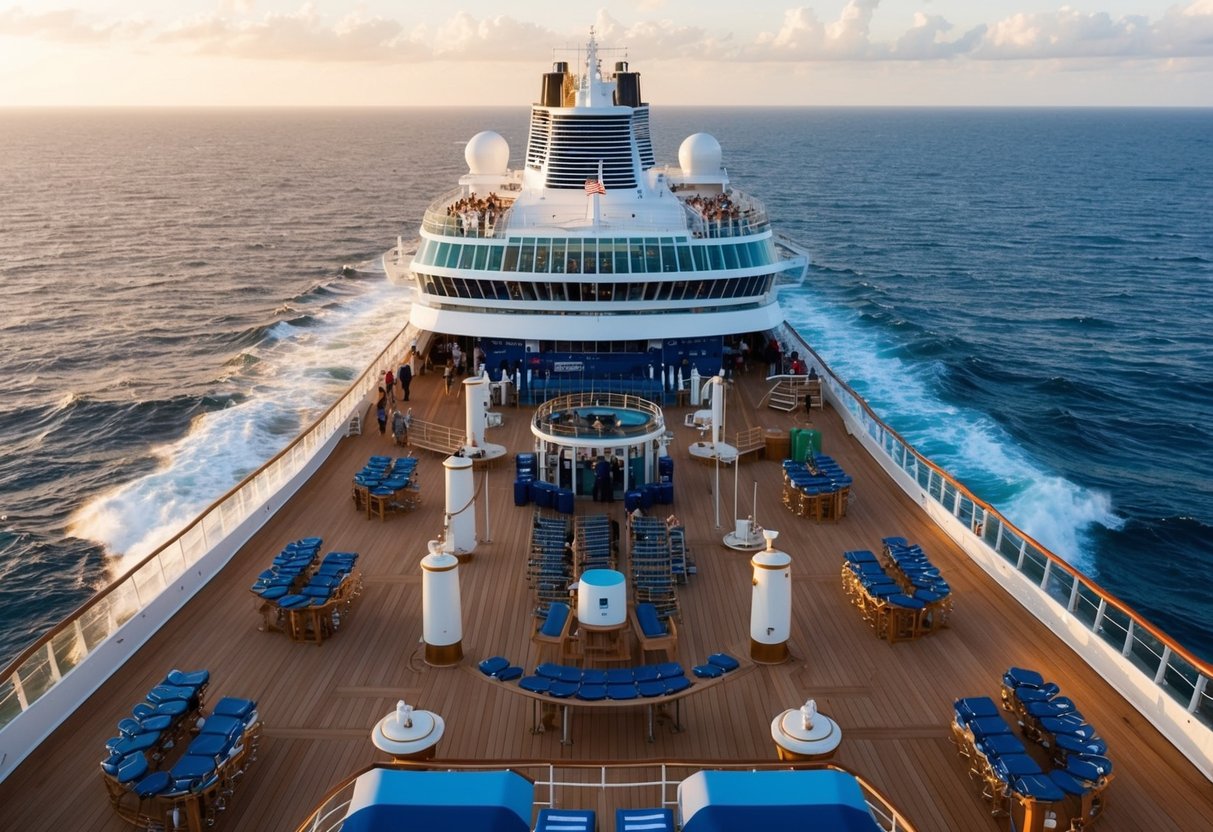 A bustling cruise ship deck with various job opportunities, including hospitality, entertainment, and maintenance roles. The ocean stretches out in the background