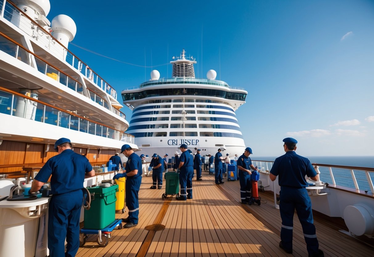 A bustling cruise ship deck with various crew members engaged in different tasks, from maintenance to hospitality, under a clear blue sky