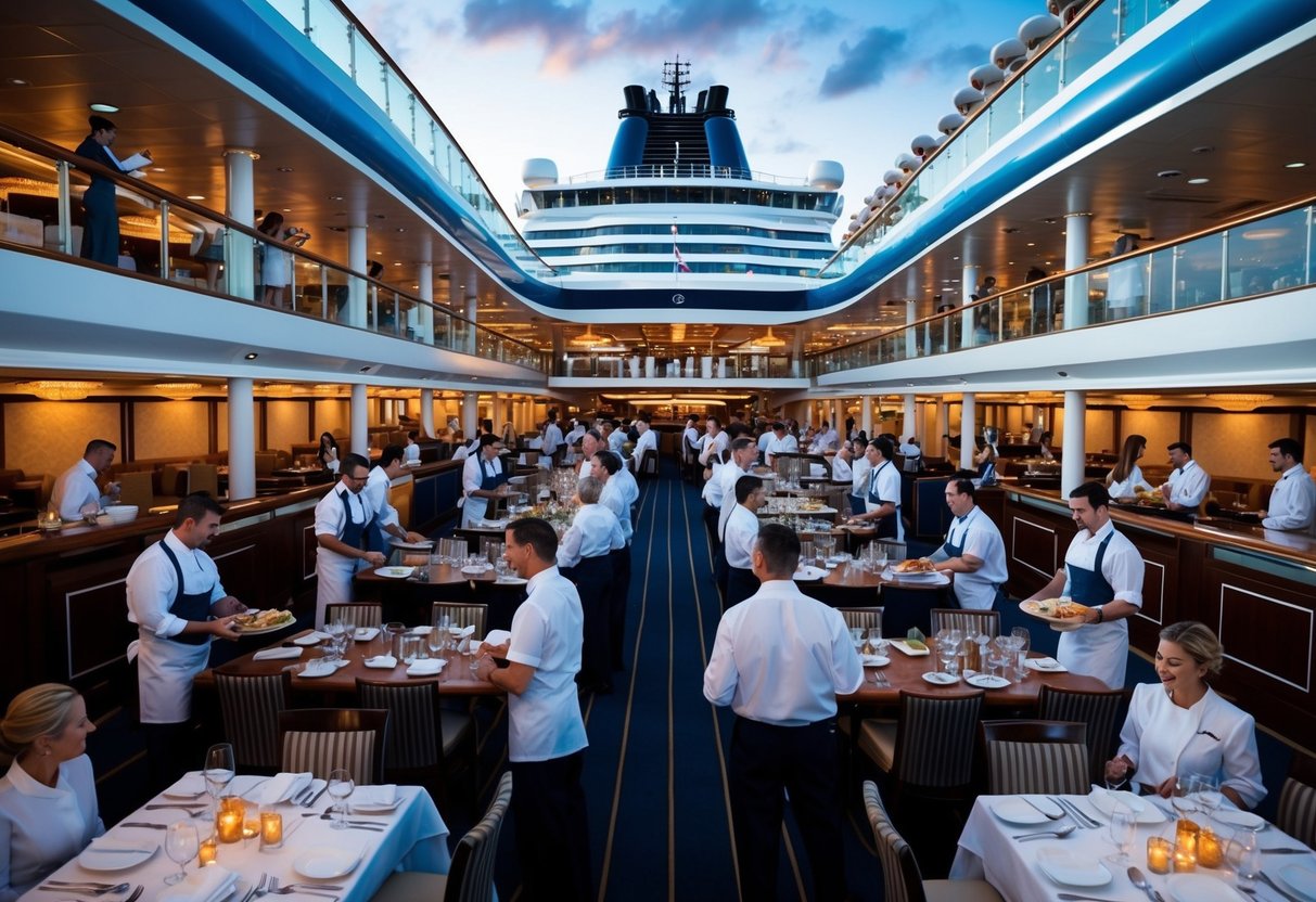 A bustling cruise ship with various crew members performing tasks in different areas, such as restaurant staff serving guests, maintenance crew working on the deck, and entertainment staff preparing for a show