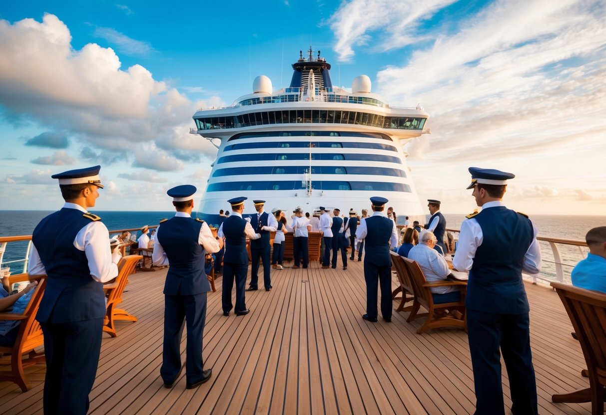 A bustling cruise ship deck with crew members in uniform, passengers enjoying activities, and a scenic ocean backdrop