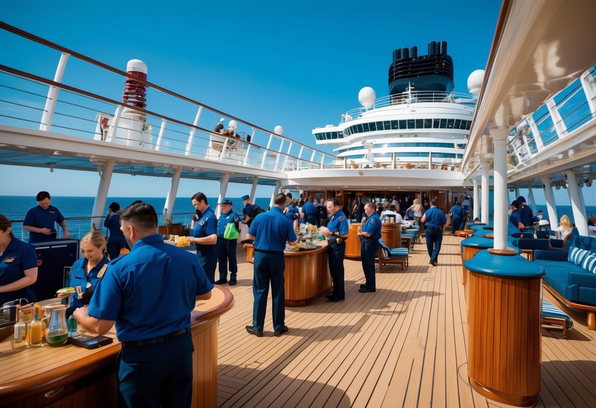 A bustling cruise ship deck with various crew members engaged in different job tasks, while passengers enjoy the onboard amenities and activities