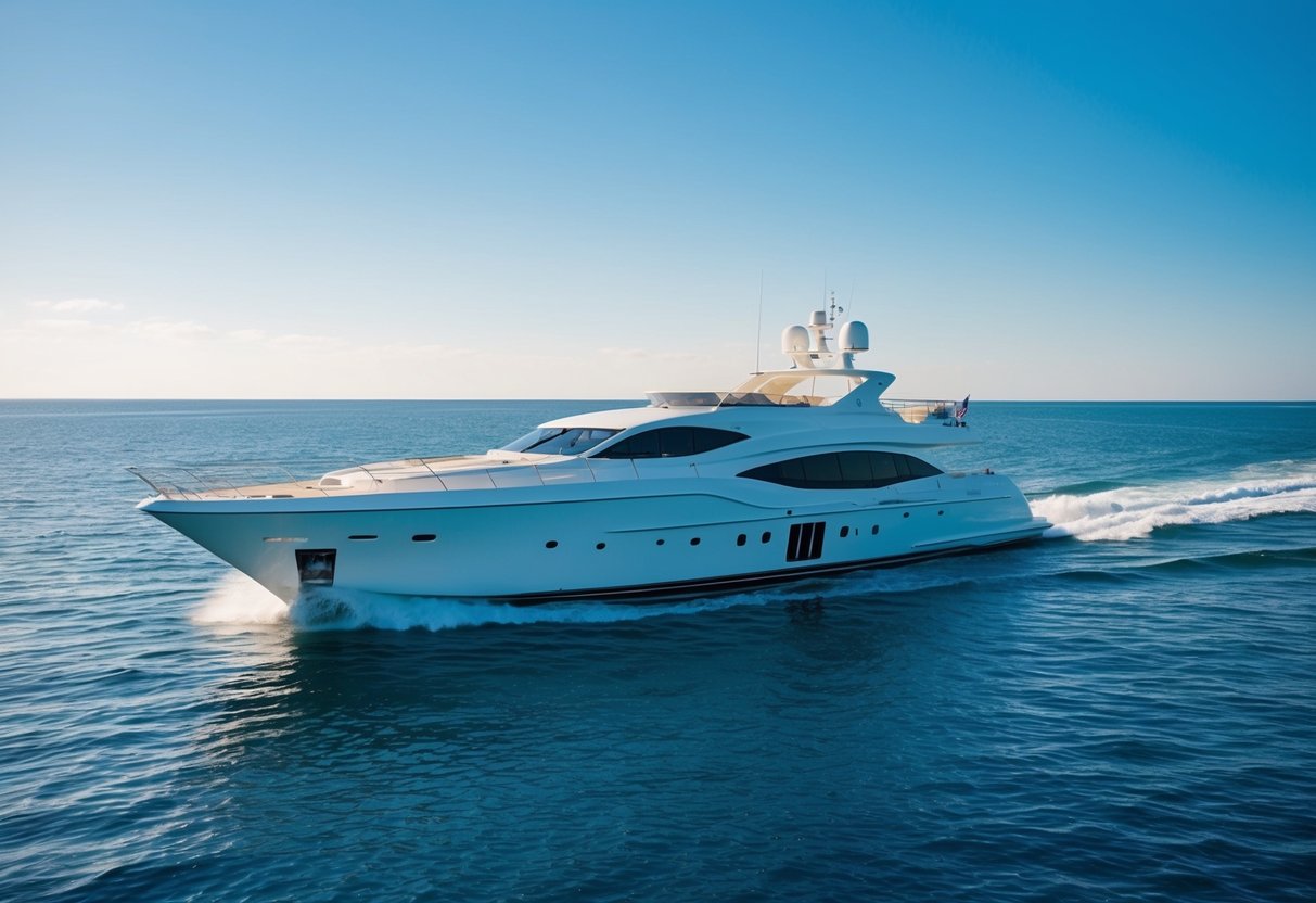 A luxurious yacht sailing across a calm, sparkling ocean, with a clear blue sky and a gentle breeze