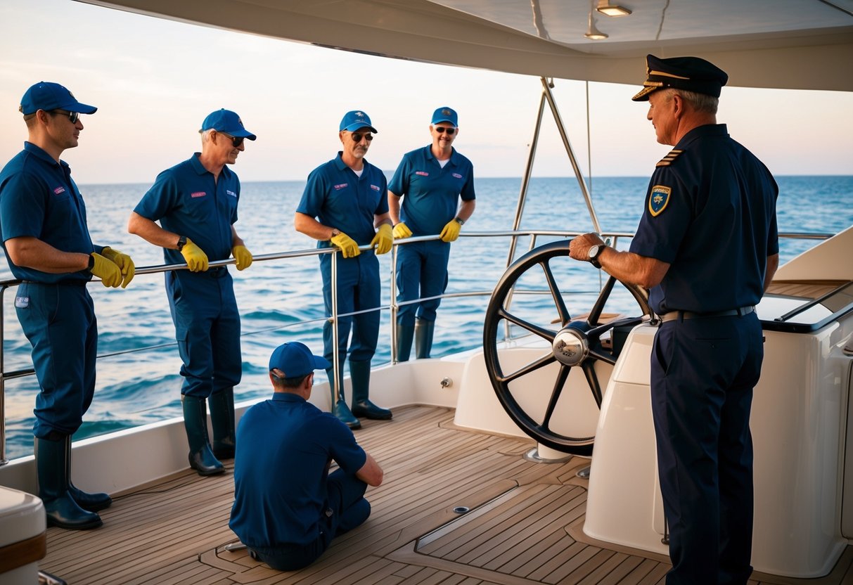 A captain standing at the helm of a yacht, directing crew members performing various tasks on deck and below deck