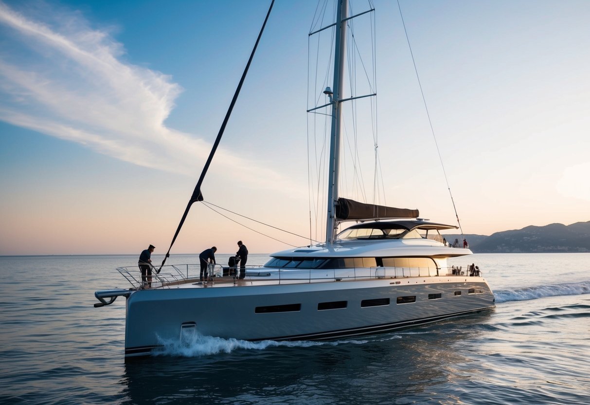 A luxurious yacht sailing on calm, sparkling waters with crew members working together, maintaining the ship, and enjoying the beautiful surroundings