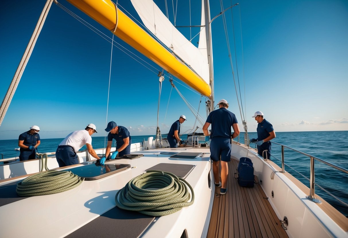 A yacht deck bustling with crew members polishing surfaces, coiling ropes, and preparing for departure under a clear blue sky