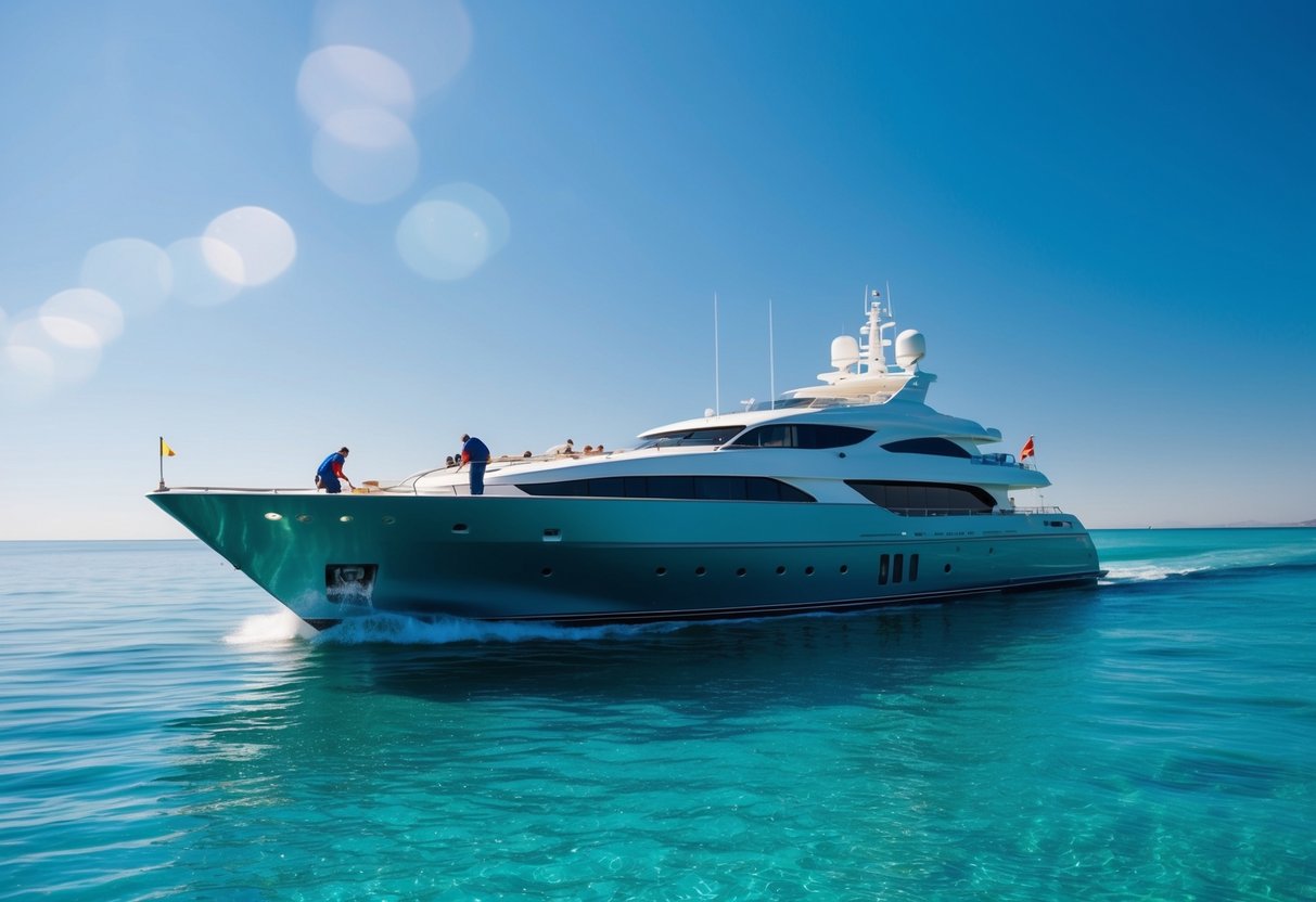 A luxurious yacht sailing on calm, crystal-clear waters, with a crew busy at work on deck, under a clear blue sky