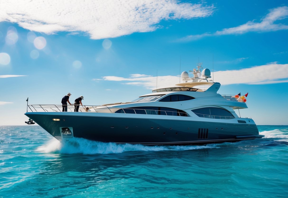 A luxurious yacht cruising through crystal clear waters, with crew members performing various tasks on deck under a sunny sky