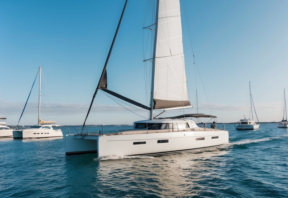 A yacht sailing on calm waters with a clear blue sky above, surrounded by other yachts and sailboats