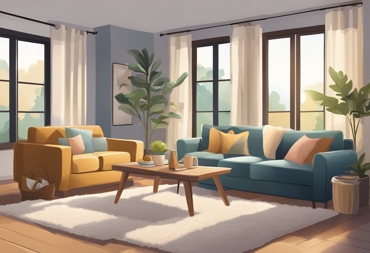 A cozy living room with plush sofas, throw pillows, and a fluffy rug, creating a warm and inviting atmosphere