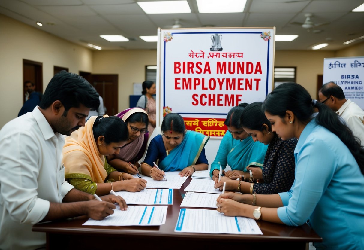 A group of people filling out application forms at a government office, with a sign displaying "Birsa Munda Self Employment Scheme" prominently displayed