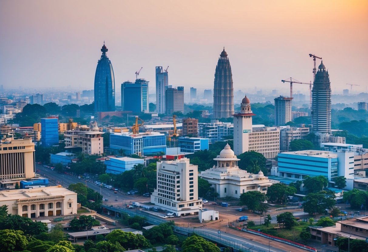 A bustling cityscape with iconic Pune landmarks, construction sites, and health facilities, showcasing the diverse job opportunities offered by Pune Municipal Corporation