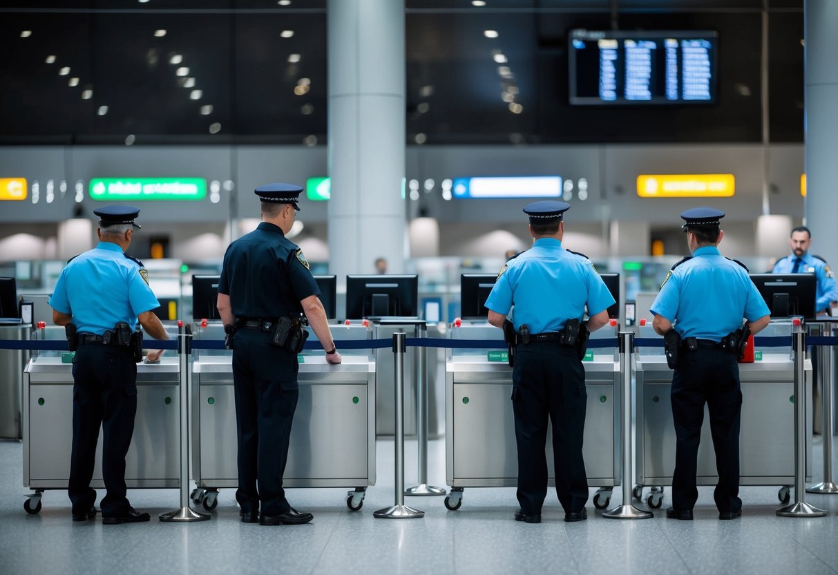 A busy airport security checkpoint with officers and supervisors overseeing the screening process