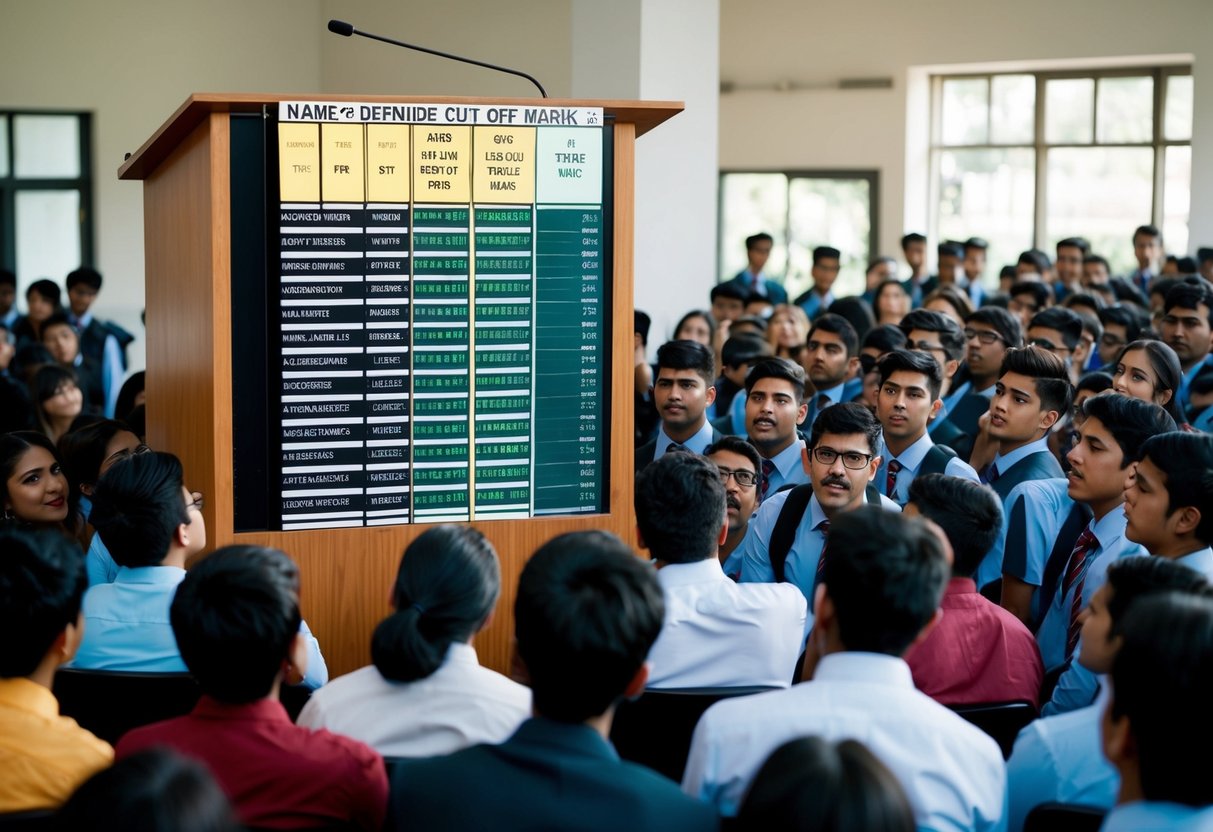 A podium with a list of names and cut off marks displayed. A crowd of students eagerly checking the results